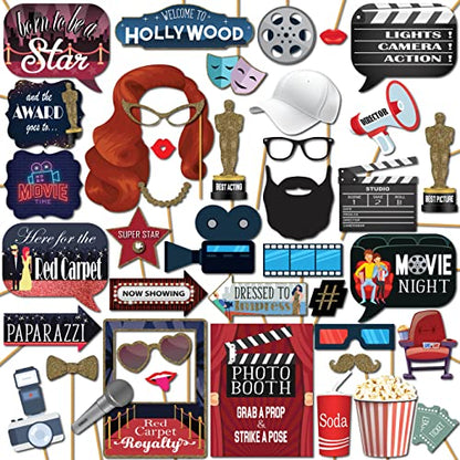 Hollywood Photo Booth Props - 41-pc Photobooth Kit with 8 x 10-Inch Sign, 60 Adhesive Pads, 45 Sticks - Movie Night Supplies - Hollywood Party Decorations