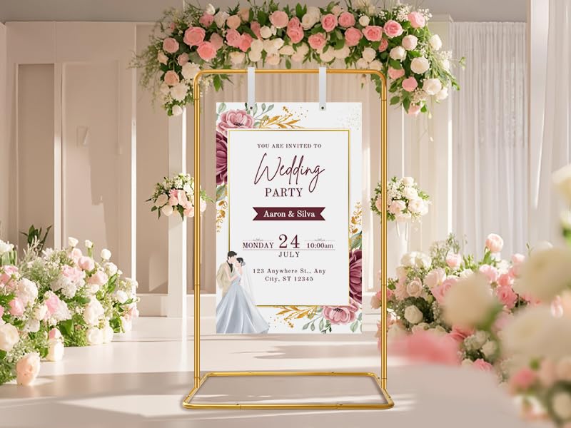Wedding Sign Holder - Adjustable Welcome to Our Wedding Sign Stand Stand with 39 Premium Templates & Leather Straps, 64"x 30"x 20" Heavy Duty Easel Stand for Sign Display Poster, Wedding, Birthday - color: Gold