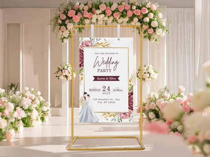 Wedding Sign Holder - Adjustable Welcome to Our Wedding Sign Stand Stand with 39 Premium Templates & Leather Straps, 64"x 30"x 20" Heavy Duty Easel Stand for Sign Display Poster, Wedding, Birthday - color: Gold
