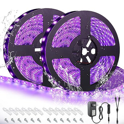 LightingWill LED UV Black Light Strip Kit, Ultraviolet Waterproof IP65 32.8FT/10M 3528 600LEDs, 395nm-405nm Blacklight for DJ Bar Club Party Decor Night Fishing with 12V Power Supply - size: 12V 60W Waterproof - 33 ft