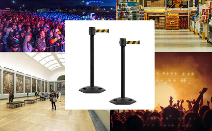 Montour Line MSR760 Set of 2 Retractable Belt Barrier Stanchion, Rubber Base, Black Powder Coated Post (35 ft Black & Yellow Diagonal Belt) - color: Black & Yellow Diagonal, size: Black Powder Coated
