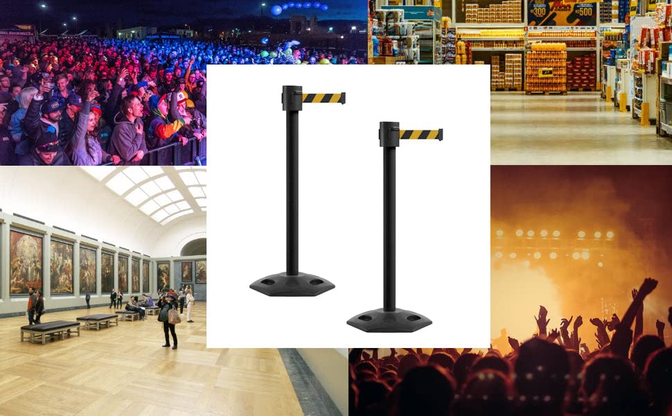 Montour Line MSR760 Set of 2 Retractable Belt Barrier Stanchion, Rubber Base, Black Powder Coated Post (35 ft Black and Red Diagonal Belt) - color: Black and Red Diagonal, size: Black Powder Coated