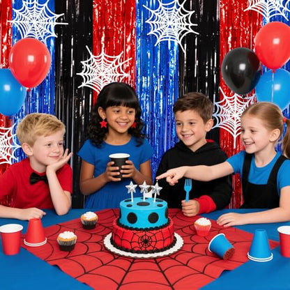 BEISHIDA 3Pcs Red Blue Black Door Streamers Backdrop Foil Fringe Tinsel Curtains Backdrops for Spider Theme Birthday Party Supplies (3.28 ft x 6.56 ft) - color: 3 Pack-red blue black