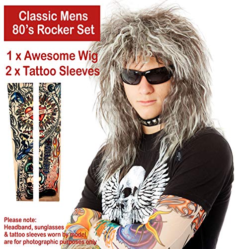 ALLAURA 70s 80s Rocker Wigs + Tattoos Costume Set Glam Hairband Rockstar Mullet Wig + Tattoo Sleeves Heavy Metal Wigs Metal HairWig | Rock Star Wig for Men — Rock Star Costumes for Men's - color: 3-Blonde