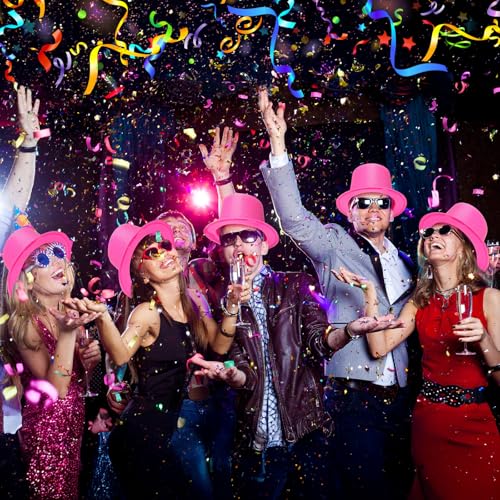Hillban 12 Pack Hot Pink Top Hats Party Shiny Plastic Glitter Sequin Hat Disco Costume Accessories Bulk for Glow Wedding Party Supplies Magician Carnival Celebration Birthday Valentines - color: Hot Pink, style: Classic