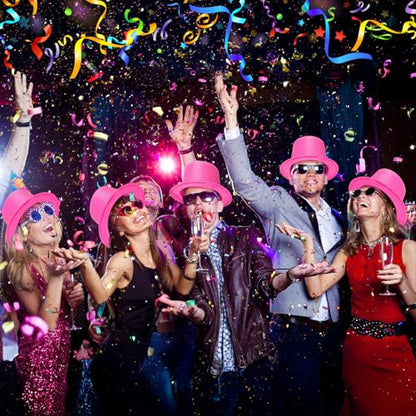 Hillban 12 Pack Hot Pink Top Hats Party Shiny Plastic Glitter Sequin Hat Disco Costume Accessories Bulk for Glow Wedding Party Supplies Magician Carnival Celebration Birthday Valentines - color: Hot Pink, style: Classic