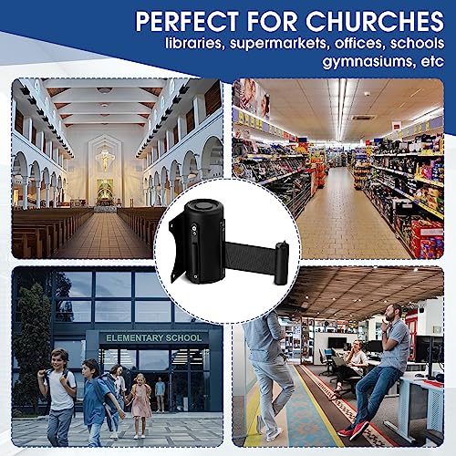 Thyle 2 Pieces Wall Mounted Retractable Belt Barrier Wall Mount Caution Belt with 10 Feet Black Belt Crowd Control Barriers Rope Safety Barriers for Indoor Outdoor Grocery Retail Store Stadium School