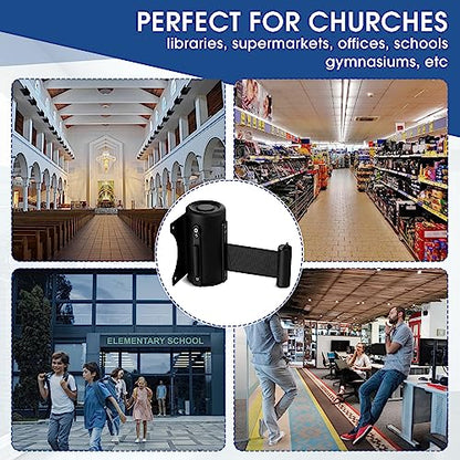 Thyle 2 Pieces Wall Mounted Retractable Belt Barrier Wall Mount Caution Belt with 10 Feet Black Belt Crowd Control Barriers Rope Safety Barriers for Indoor Outdoor Grocery Retail Store Stadium School