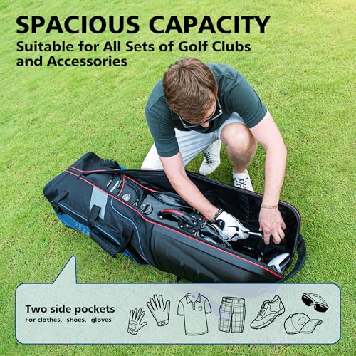 Golf Travel Bags for Airlines with Wheels, Hard Case Top and 1680D Heavy Duty Oxford Protect Golf Clubs, Lightweight and Easy to Maneuver - color: Black & Red & Blue