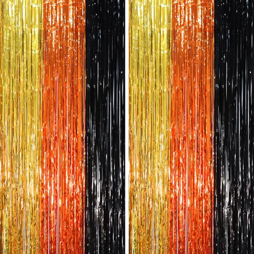 Voircoloria Black Gold Orange Fringe Backdrop Curtains,3.3x6.6ft, 2 Pack - color: Black Gold and Orange