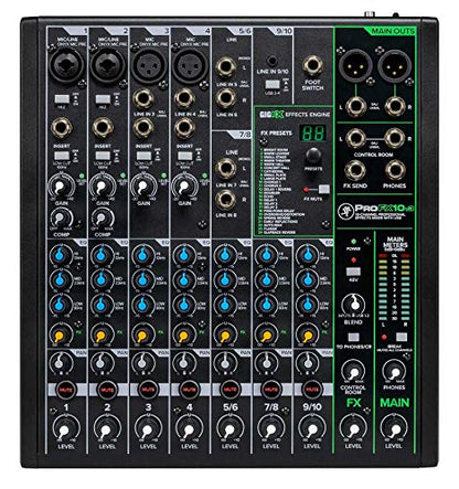 Rockville DX15 15" Powered DJ PA Speaker Pair with Mackie ProFX10v3 Mixer | 2000W Peak / 500W RMS Each, Class D, XLR Outputs, RMC-3PK 3 Microphones, 2 Tripod Stands, 5 XLR Cables, 9-items