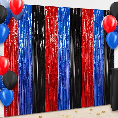 BEISHIDA 3Pcs Red Blue Black Door Streamers Backdrop Foil Fringe Tinsel Curtains Backdrops for Spider Theme Birthday Party Supplies (3.28 ft x 6.56 ft) - color: 3 Pack-red blue black
