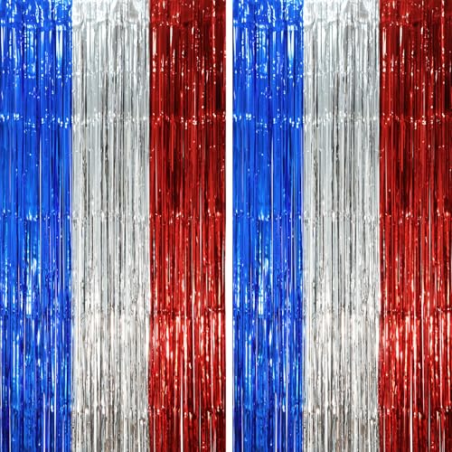 Voircoloria Blue Red Silver Foil Fringe Backdrop Curtains,3.3x6.6ft, 2 Pack - color: Blue Red and Silver