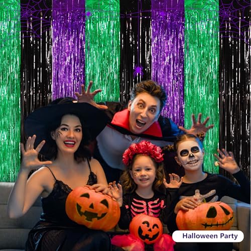 BEISHIDA 3Pcs Purple Green Black Door Streamer Backdrop Foil Fringe Tinsel Curtains Backdrops for Monster Truck Theme Birthday Party, Halloween Party Supplies (3.28 ft x 6.56 ft) - color: 3 Pack-purple Green Black