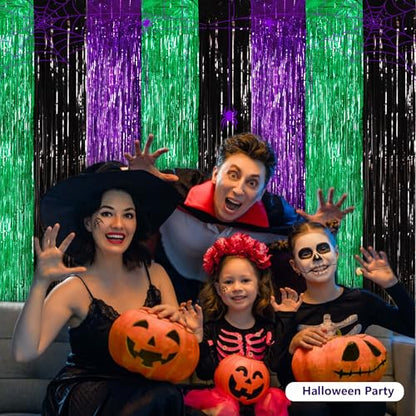 BEISHIDA 3Pcs Purple Green Black Door Streamer Backdrop Foil Fringe Tinsel Curtains Backdrops for Monster Truck Theme Birthday Party, Halloween Party Supplies (3.28 ft x 6.56 ft) - color: 3 Pack-purple Green Black