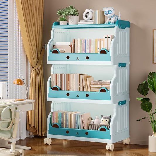 Foldable 3-Tier Rolling Book Cart, Collapsible Bookshelf Storage - color: Blue, size: 3 Tier