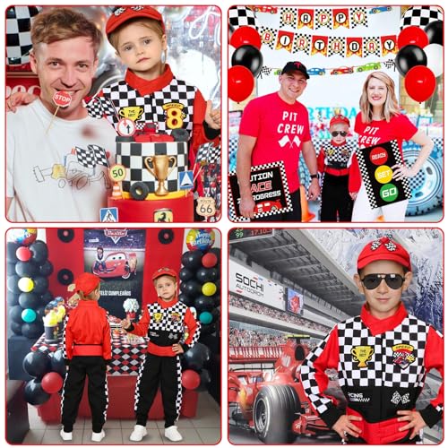 Latocos Kids Race Car Driver Costume Boys Girls Racer Jumpsuit With Car Cap Sunglasses Kids Dress Up Role Play for Halloween - color: Red, size: S(5-7)
