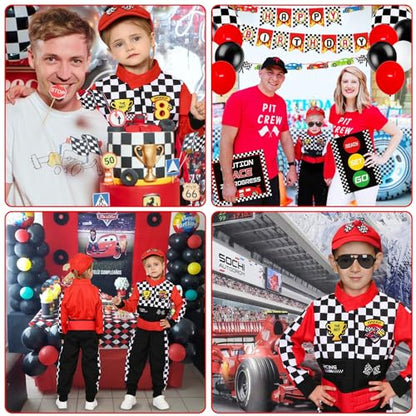 Latocos Kids Race Car Driver Costume Boys Girls Racer Jumpsuit With Car Cap Sunglasses Kids Dress Up Role Play for Halloween - color: Red, size: S(5-7)