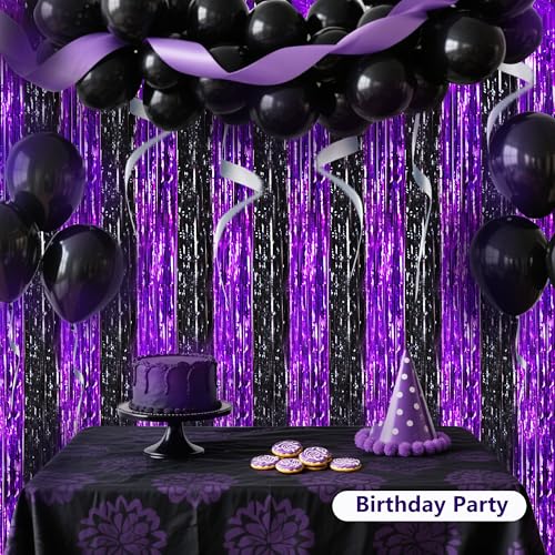 BEISHIDA Black Purple Door Streamers Backdrop Foil Fringe Tinsel Party Streamers Curtains Photo Backdrop - 2Pcs for Birthday Graduation Halloween Party Decoations - color: 05-black purple