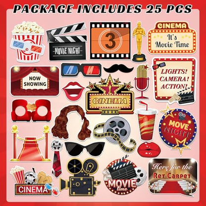 25pcs Hollywood Movie Night Photo Booth Props Oscar Themed Party Movie Star Photo Accessories Red Carpet Decoration