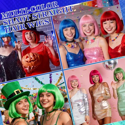 Short Bob Straight Hair Wigs with Bangs, Heat Resistant Fiber Hair, Heart-shaped Glasses for Women (Blue) - color: Blue