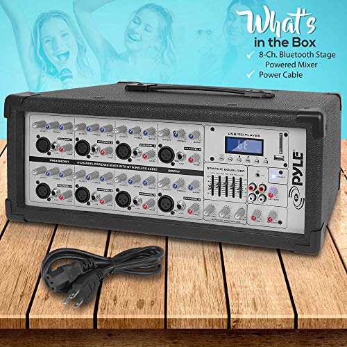 PyleUsa 8 Channel Bluetooth Stage Powered Mixer, 800 Watt Pro Audio Sound Mixer, MP3 USB SD Readers, Aux Input, Digital LCD Display, Built in Cooling Fan