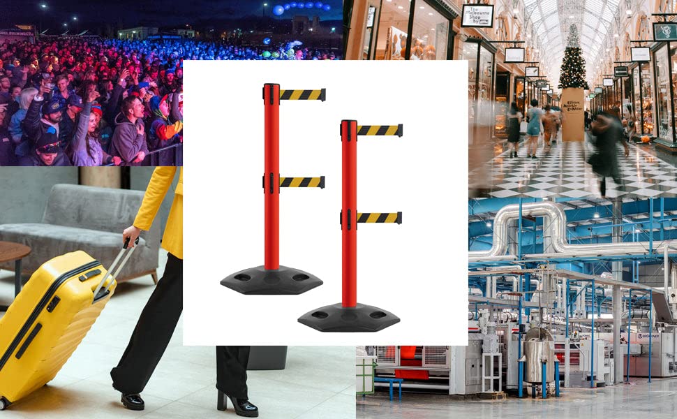 MSR650D Set of 2 Retractable Belt Barrier Stanchion, Heavy-Duty Rubber Base, Red Steel Post (14 ft Black and Yellow Diagonal Belt) - color: Black and Yellow Diagonal, size: Red Steel