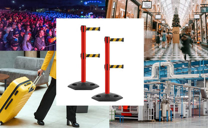 MSR650D Set of 2 Retractable Belt Barrier Stanchion, Heavy-Duty Rubber Base, Red Steel Post (14 ft Black and Yellow Diagonal Belt) - color: Black and Yellow Diagonal, size: Red Steel