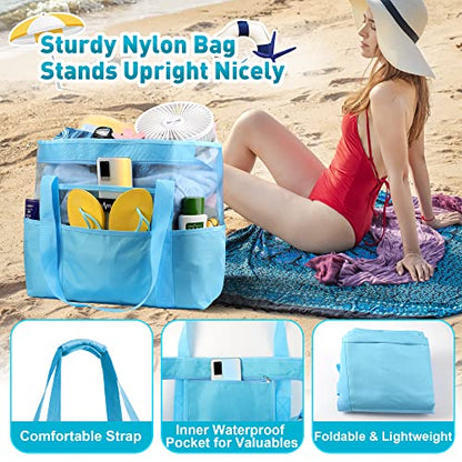 Mesh Beach Bag - Large Waterproof Beach Tote Bag with Zipper | Oversized Foldable Lightweight Family Swim Bag Vacation - color: Blue