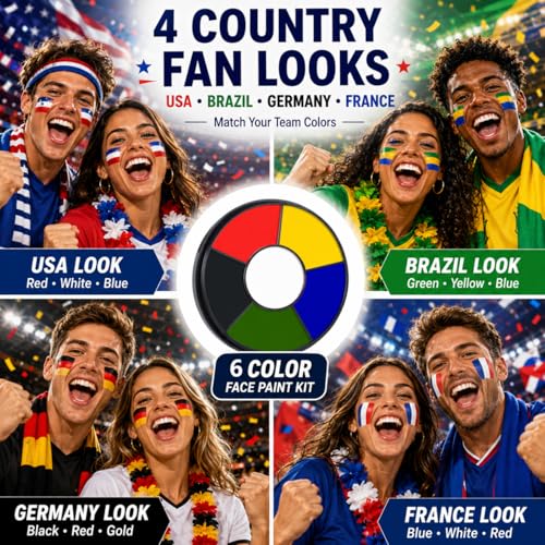 Go Ho 6 Colors Face Body Paint for Game Day 2026,White &Black &Red&Yellow&Green&Royal Blue Face Paint,Waterproof Professional USA Flag Face Painting,Halloween Cosplay SFX Makeup Palette - color: White+Black+Red+Royal Blue+Green+Yellow(SFX Makeup)