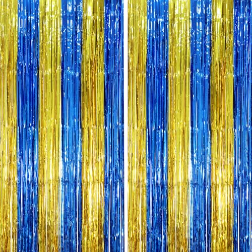 Voircoloria Blue Gold Foil Fringe Backdrop Curtains,3.3x6.6ft, 2 Pack - color: Blue Gold