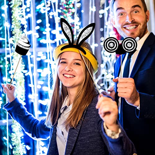 Zonon 24 Pcs Funny Photo Booth Props Set Black Gold Birthday,Silvery | Props for Wedding, Disco, Class Reunion Prom, Includes Mustache, Hats, Glasses, Ties, Lips, Crowns, Fun Party Accessories - color: Silvery