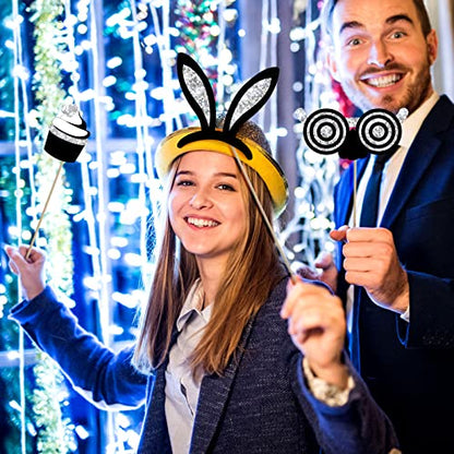Zonon 24 Pcs Funny Photo Booth Props Set Black Gold Birthday,Silvery | Props for Wedding, Disco, Class Reunion Prom, Includes Mustache, Hats, Glasses, Ties, Lips, Crowns, Fun Party Accessories - color: Silvery