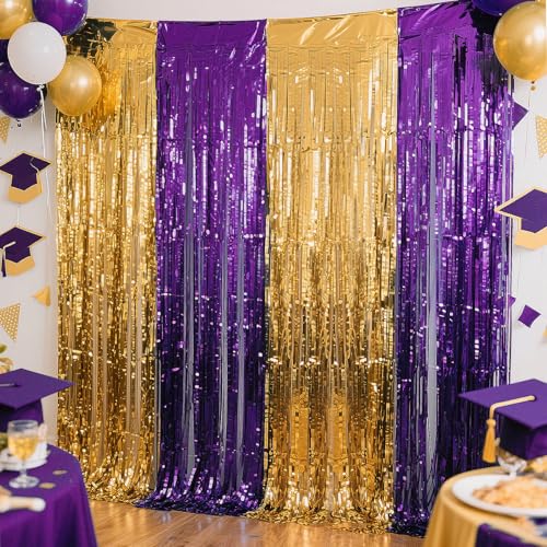 Ishua 2pcs Foil Fringe Curtains Purple and Gold, 3.3x6.6ft Tinsel Streamer Backdrops Foil Fringe Curtains for Birthday, Graduation Party(Gold and Purple) - color: Gold and Purple