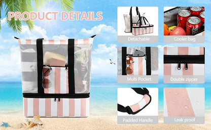 Bluboon Mesh Beach Tote Bag with Cooler Compartment Insulated Detachable Picnic Bag with Zipper and Pocket Pool Bag for Women - color: Pink