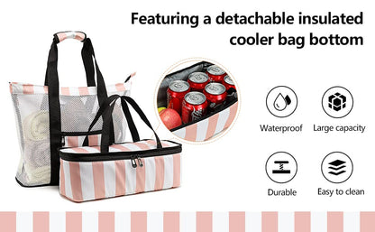 Bluboon Mesh Beach Tote Bag with Cooler Compartment Insulated Detachable Picnic Bag with Zipper and Pocket Pool Bag for Women - color: Pink