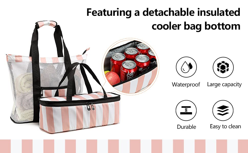 Bluboon Mesh Beach Tote Bag with Cooler Compartment Insulated Detachable Picnic Bag with Zipper and Pocket Pool Bag for Women - color: Pink