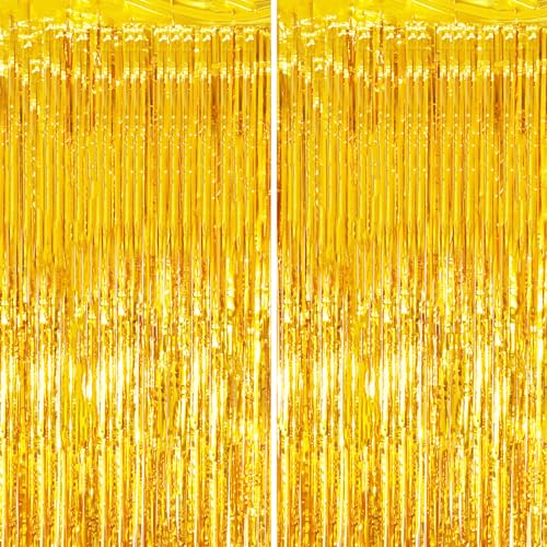 Voircoloria Gold Foil Fringe Backdrop Curtains,3.3x6.6ft, 2 Pack - color: Gold
