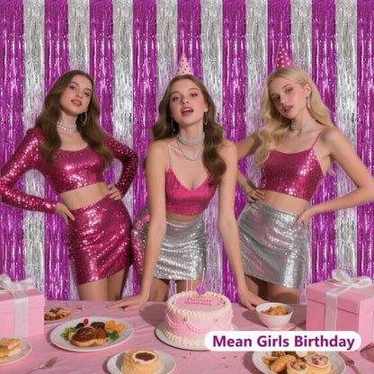 BEISHIDA Hot Pink Silver Door Streamers Backdrop Foil Fringe Tinsel Party Streamers Curtains Photo Backdrop - 2Pcs for Girl Birthday Valentines Graduation Bachelorette Party Decoations - color: 05-hot pink silver