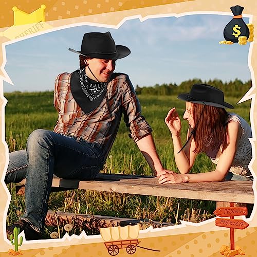 Hillban 48 Pack Cowboy Hats and Bandanas Set, Felt Plastic Cowgirl Hats for Women Men Cowboy Western Party Supplies (Black, Brown) - color: Black, Brown