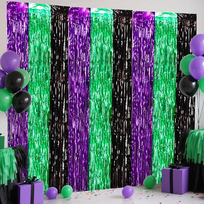 BEISHIDA 3Pcs Purple Green Black Door Streamer Backdrop Foil Fringe Tinsel Curtains Backdrops for Monster Truck Theme Birthday Party, Halloween Party Supplies (3.28 ft x 6.56 ft) - color: 3 Pack-purple Green Black