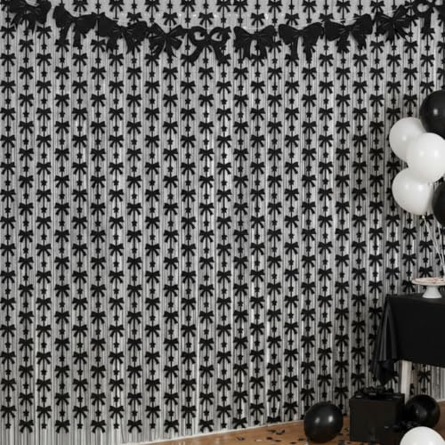 Yeaqee 5 Pack Bow Party Decorations, 2 Bow Foil Fringe Curtain, 2 White Foil Tinsel Streamers 1 Banner Photo Booth Backdrop for Wedding, Baby Shower, Birthday, Bridal Bachelorette Party Decor(Black)