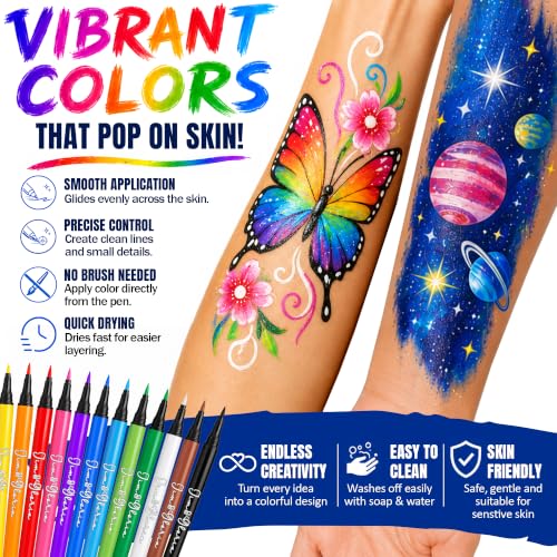 Jim&Gloria Water Resistant Face Paint Tattoo Pen, Temporary Tattoo Markers for Skin, Body Painting Kit, Teen Girl Gifts Trendy Stuff, Makeup Toys Crafts, Christmas Gifts for Teenage Girls, Adults
