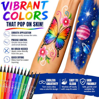 Jim&Gloria Water Resistant Face Paint Tattoo Pen, Temporary Tattoo Markers for Skin, Body Painting Kit, Teen Girl Gifts Trendy Stuff, Makeup Toys Crafts, Christmas Gifts for Teenage Girls, Adults