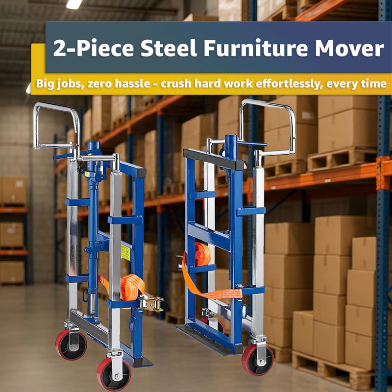 Heavy-Duty Commercial Hand Truck 3,950 lb Hydraulic Furniture & Equipment Mover - 2-Piece Blue Steel Dolly Set with Straps, Lift Plate, 6" Swivel Polyurethane Wheels, for Warehouse, Vending Machines