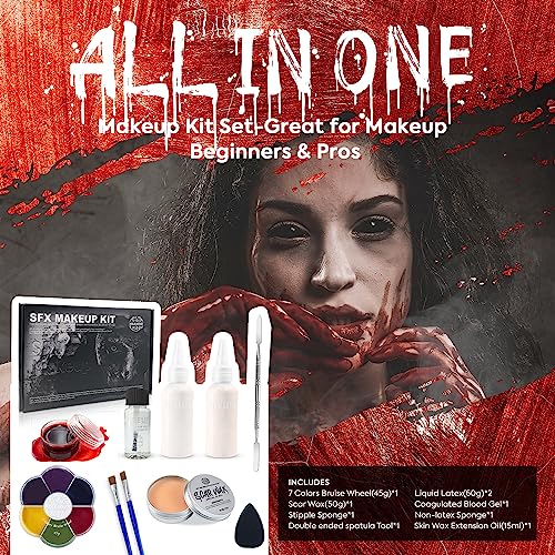 VIOLA HOUSE SFX Makeup Kit, Halloween Special Effects Makeup, 6 Colors Bruise Wound Face Body Paint + Scar Wax + Scar Oil + Liquid Latex + Fake Blood + Spatula + Stipple Sponge + Brush.