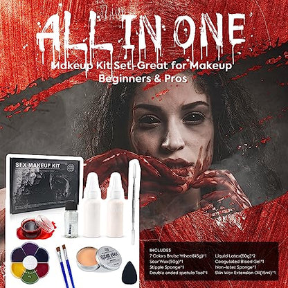 VIOLA HOUSE SFX Makeup Kit, Halloween Special Effects Makeup, 6 Colors Bruise Wound Face Body Paint + Scar Wax + Scar Oil + Liquid Latex + Fake Blood + Spatula + Stipple Sponge + Brush.