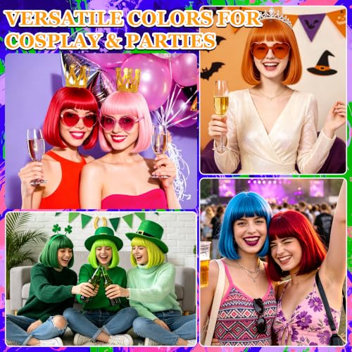 Short Bob Straight Hair Wigs with Bangs, Synthetic Fiber Colorful Hair, Heart-shaped Sunglasses for Women (Light Gold) - color: Light Gold
