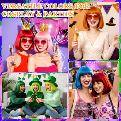 Short Bob Straight Hair Wigs with Bangs, Synthetic Fiber Colorful Hair, Heart-shaped Sunglasses for Women (Light Gold) - color: Light Gold