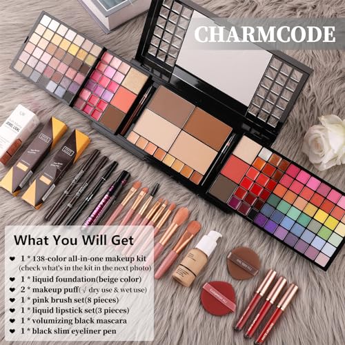 CHARMCODE Full Makeup Kit, Makeup Sets for Women Full Kit, All in One Make Up Gift Set for Girls & Women with Eyeshadow,Liquid Lipstick,Foundation,Mascara,Blush,Eyeliner,Contour,Brushes and More - color: Ultimate Full Makeup Kit